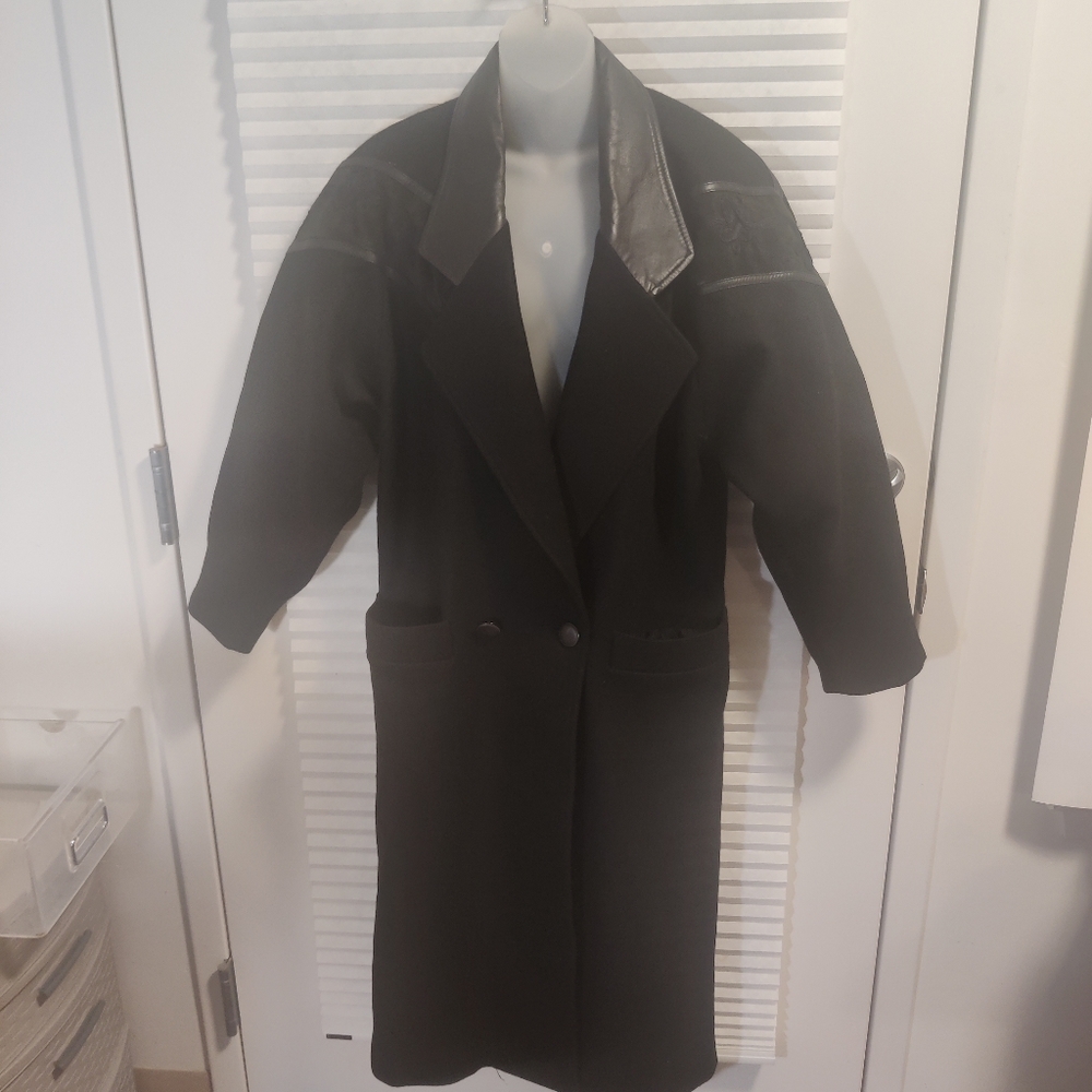 Black Trench Coat with Leather Accents